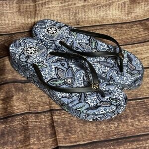 Tory Burch Womens Thandie Wedge Pattern Flip-Flops Sandals Black Strap Size 10.5